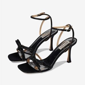 Badgley Mischka Effie glitter satin cocktail sandals with crystal trim black 8.5